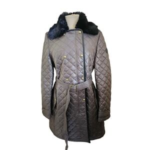 Ralph Lauren Quilted Faux Fur Collar Belted Trench Coat Women size M olive green